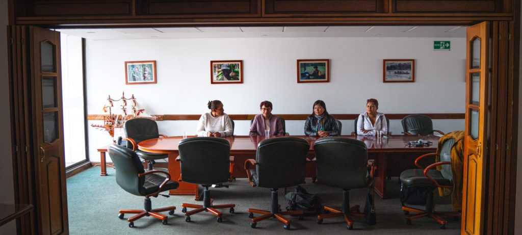 Pictured: (left to right) Carmen Capacho, Valentina Beltran, Sandra Patricia Velasco and Alejandra Tallez are former FARC guerrilla fighters now in the process of reintegration and working through the political party Comunes to achieve the objectives they once pursued with arms.